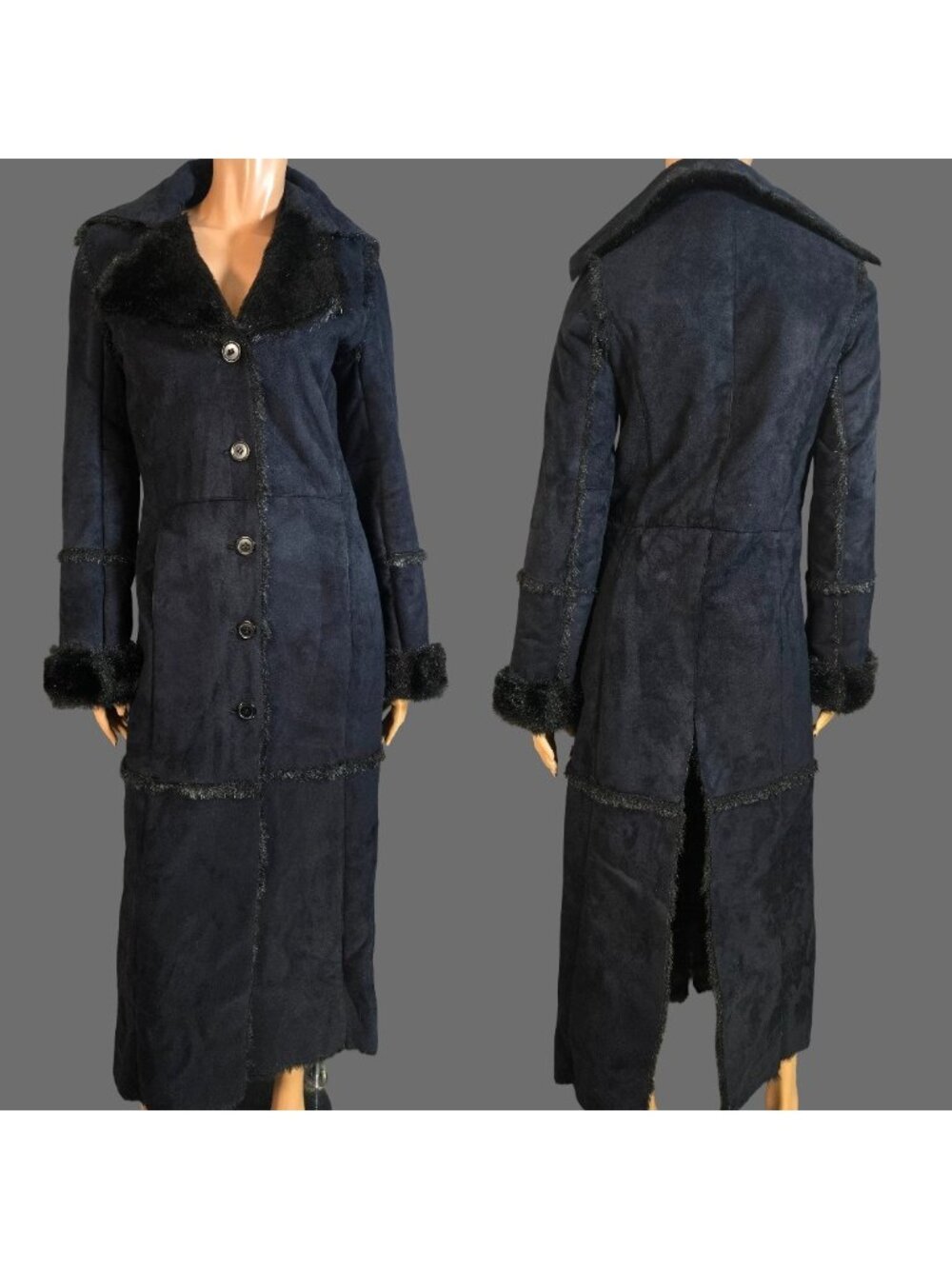 Vintage 90s Y2K Black Full Length Penny Lane Coat Size XS Faux Suede Faux Fur